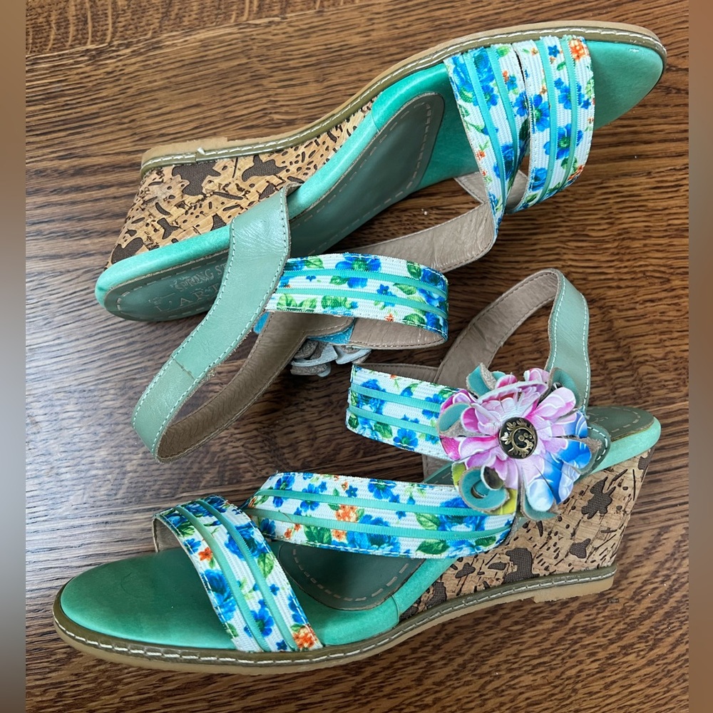 Spring Step Green Floral Ribbon Wedge Sandals